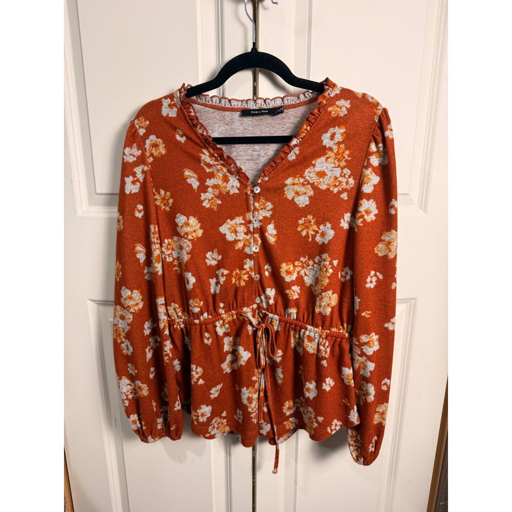 Doe & Rae Rust Orange Floral Ruffle Peplum Top Long Sleeve Button Down Small